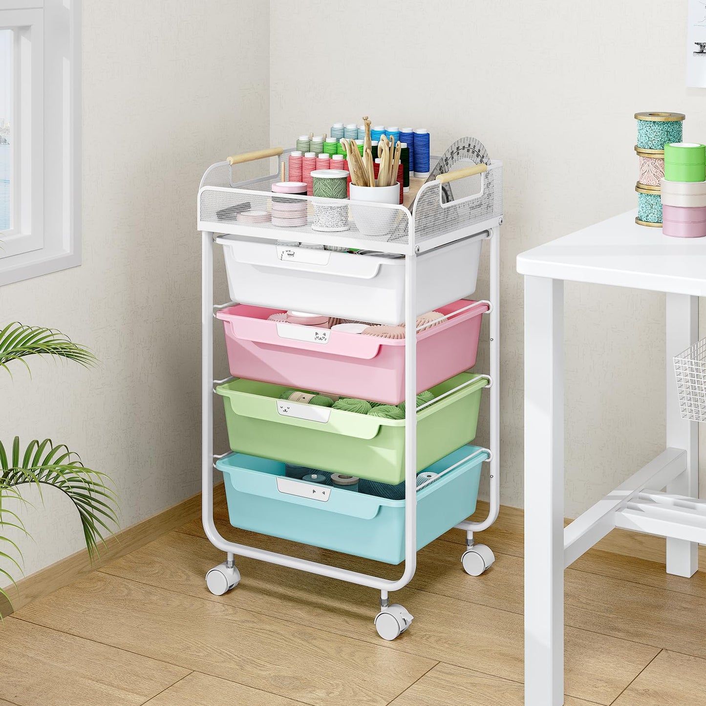 SYKIARIOL Rolling Cart with 4 Drawers,4 Tiers Rolling Utility Cart Craft Cart,Rolling Storage Drawer Cart with Mesh Top,Storage Cart with Drawers & 4 PCS DIY Lable, Classic Colorful