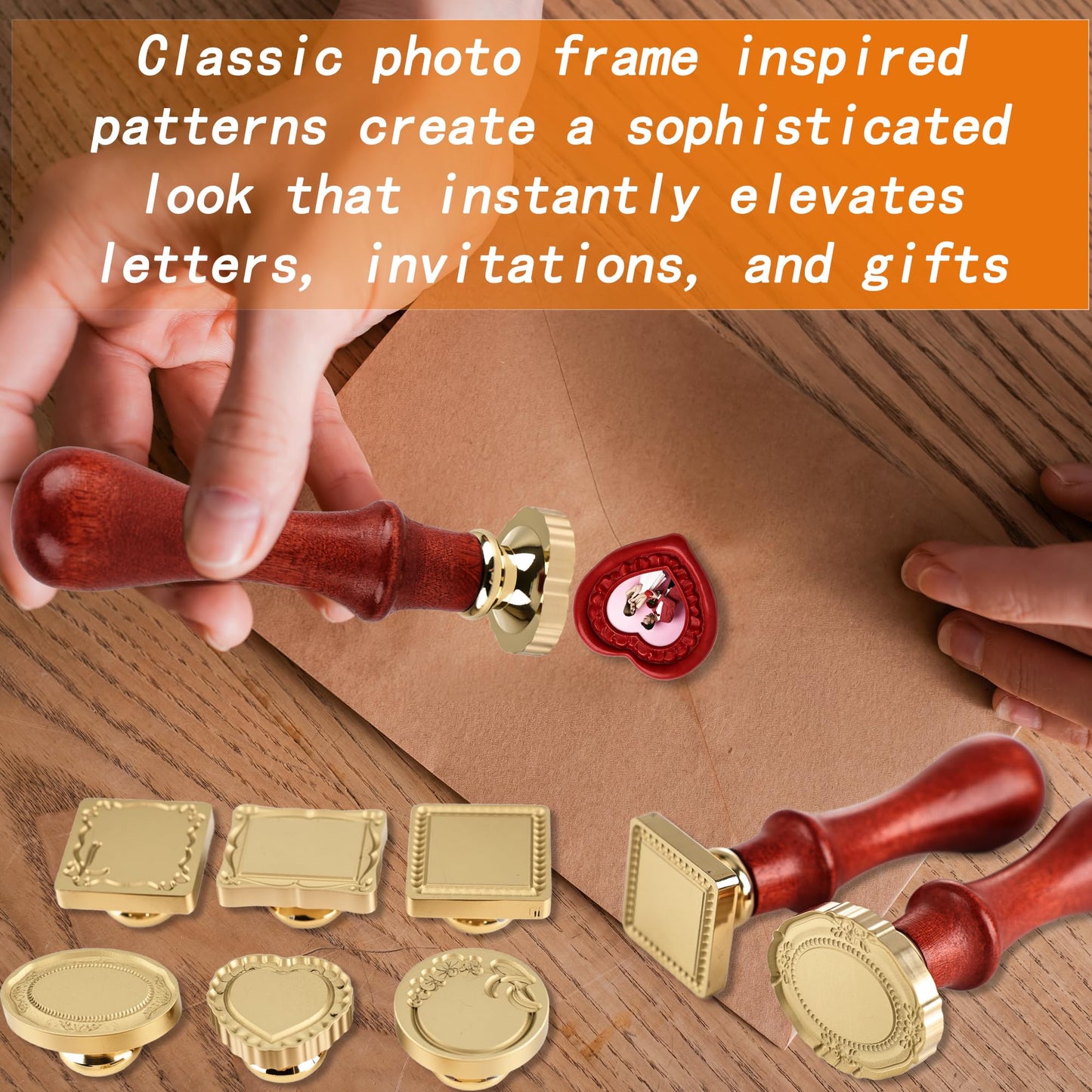 8 Set Frame Wax Seal Stamp Kit 8 Pcs Brass Wax Seal Head 8 Pcs Wood Handle Vintage Photo Frame Stamp for Wedding Invitations Scrapbooking Letters