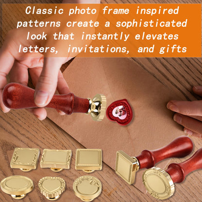 8 Set Frame Wax Seal Stamp Kit 8 Pcs Brass Wax Seal Head 8 Pcs Wood Handle Vintage Photo Frame Stamp for Wedding Invitations Scrapbooking Letters