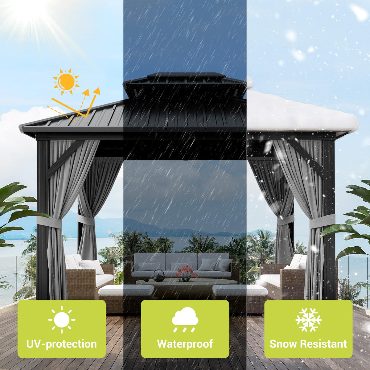 10x12FT Hardtop Gazebo, Heavy-Duty Aluminum Frame Canopy with Galvanized Steel Double Roof, Outdoor Pergola with Mosquito Netting & Waterproof Curtains for Patio, Backyard, Deck & Lawn