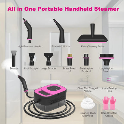 Skiennix Portable Steam Cleaner - 16-Piece Accessory Set, 6-Level Adjustable, Quick 15s Heat-Up | Lightweight Handheld for Home & Car Detailing