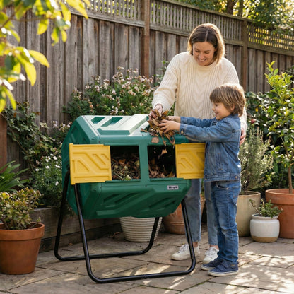 Werph 43 Gallon Compost Bin with Gloves, Fast Assembly & Easy Setup Outdoor Compost Tumbler, Updated Dual Chamber Tumbling Composter for Garden, Kitchen, and Yard Waste, Green