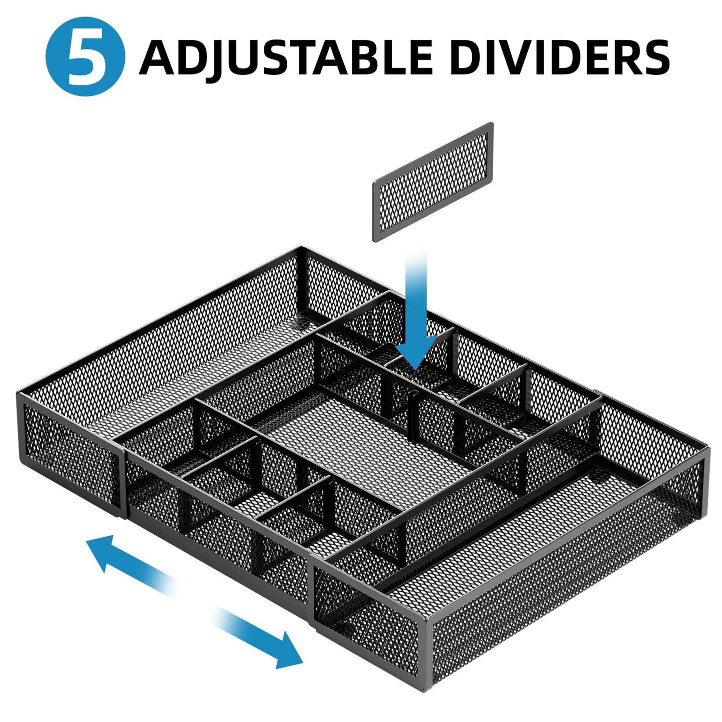 Marbrasse Expandable Desk Drawer Organizer, Mesh Drawer Organizer Tray with 10 Adjustable Compartments, Desk Organizers and Accessories, 5 Dividers Drawer for Office Supplies, Makeup & Vanity (Black)