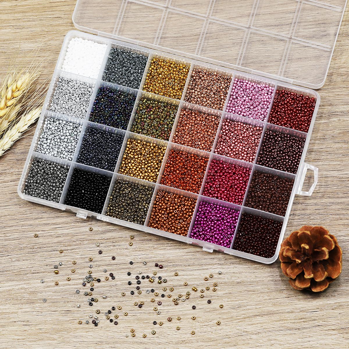 VOOMOLOVE 12/0 Glass Seed Beads About 15800pcs 24 Colors 2mm Loose Seed Beads Kit Bracelet Making with 24-Grid Plastic Storage Box for Jewelry Making（24 Colors）