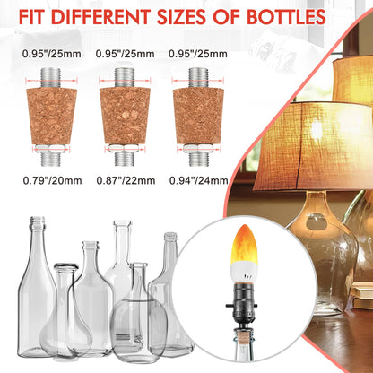 Lpraer 2 Set DIY Wine Bottle Lamp Kit with E26 LED Light Bulbs for Liquor Bottle, w/Glass Drill Bit and Lid, Black Cord w/Lamp Socket, 3 Size Tapper Cork (W/ 2 Flame Effect Light Bulbs)
