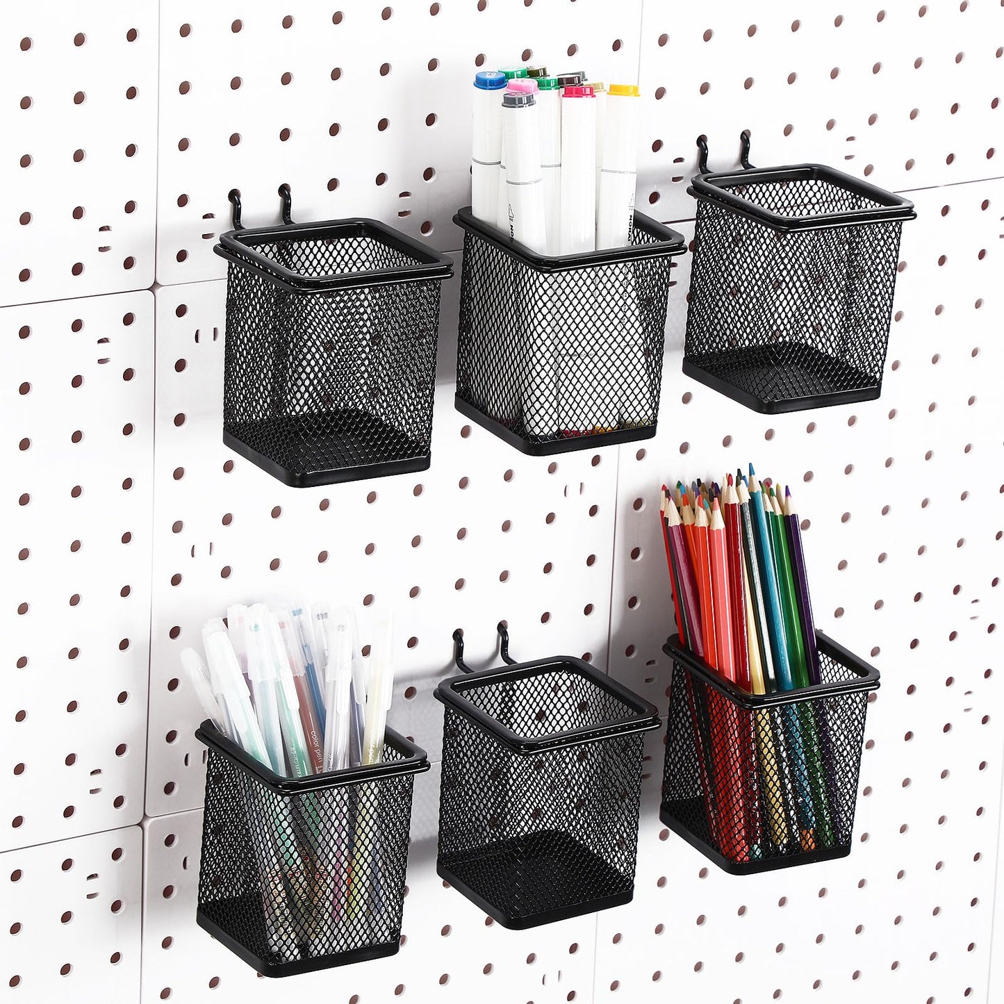 Colingmill 6 Sets Pegboard Cups with Hooks Pegboard Pencil Holder Bin Organizer Black Square Peg Board Accessories Metal Pencil Holder Cup for Home Office Workbench Craft Room Workshop Garage Tool