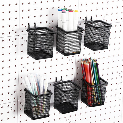 Colingmill 6 Sets Pegboard Cups with Hooks Pegboard Pencil Holder Bin Organizer Black Square Peg Board Accessories Metal Pencil Holder Cup for Home Office Workbench Craft Room Workshop Garage Tool