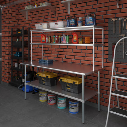 48" x 30" Commercial Stainless Steel Prep Table with 12" x 48" Double Overshelf | NSF Certified Workstation for Kitchen, Bakery, or Utility Use