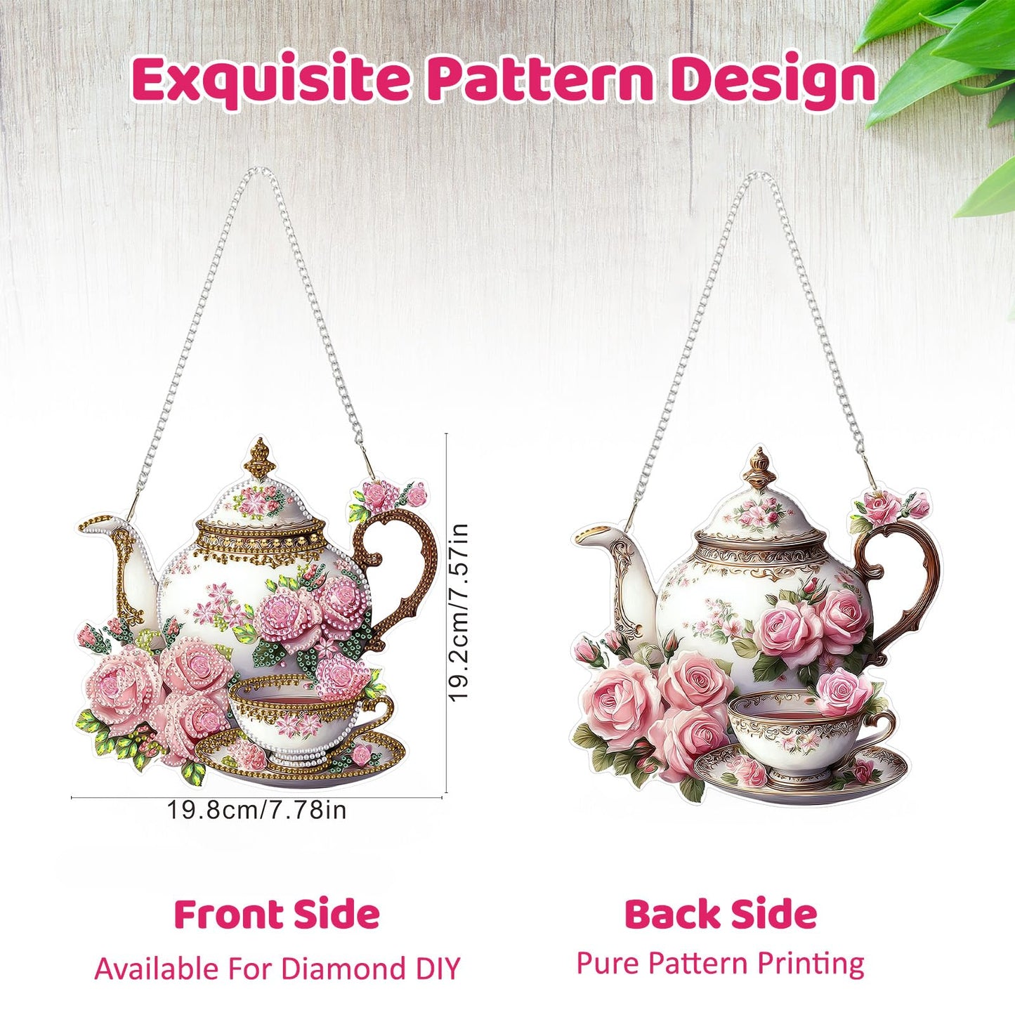 MEIYUDA Teapot Diamond Art Hanging Kits for Adult, Flowers Teapot Diamond Painting Hanging Kits Ornaments, DIY Special Shaped Rhinestone Window Pendants Kit for Home Garden Wall Decor Gift