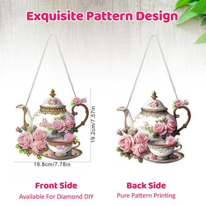 MEIYUDA Teapot Diamond Art Hanging Kits for Adult, Flowers Teapot Diamond Painting Hanging Kits Ornaments, DIY Special Shaped Rhinestone Window Pendants Kit for Home Garden Wall Decor Gift