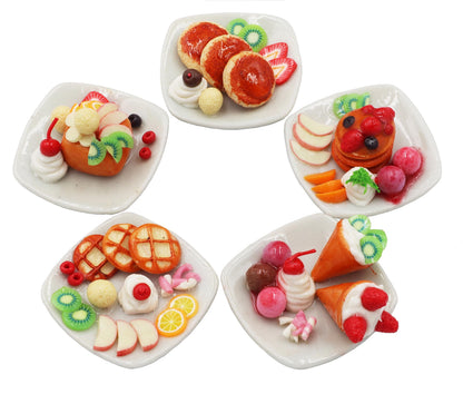 Miniature Dessert Plate Set – 5 Assorted Handmade Clay Treats with Pancakes, Waffles & Ice Cream – 1:6 Scale Dollhouse Food on 1-Inch Ceramic Plates – Realistic Mini Food Decor