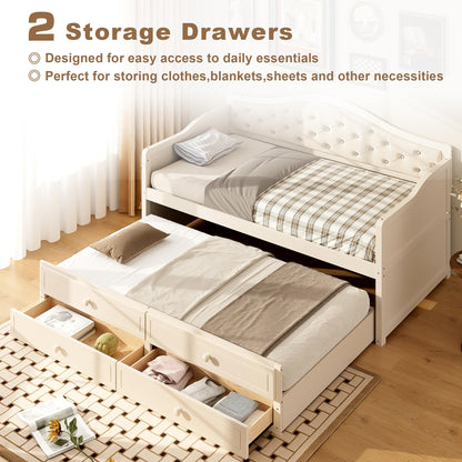 Ball & Cast Twin Size Daybed with Trundle,Wooden Bed w/ 2 Storage Drawers,Sofa Beds w/Upholstered Button Tufted Backrest,Slat Support,for Living Room, Bedroom, Guest Room,Beige
