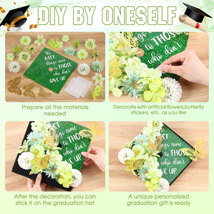 Dunzoom 34 Pcs DIY Graduation Cap Decorations Accessory Kit Artificial Flowers Inspirational Cardstock 3D Butterfly Stickers for DIY Hat Grad Cap Topper Graduation Party Supplies(Green)