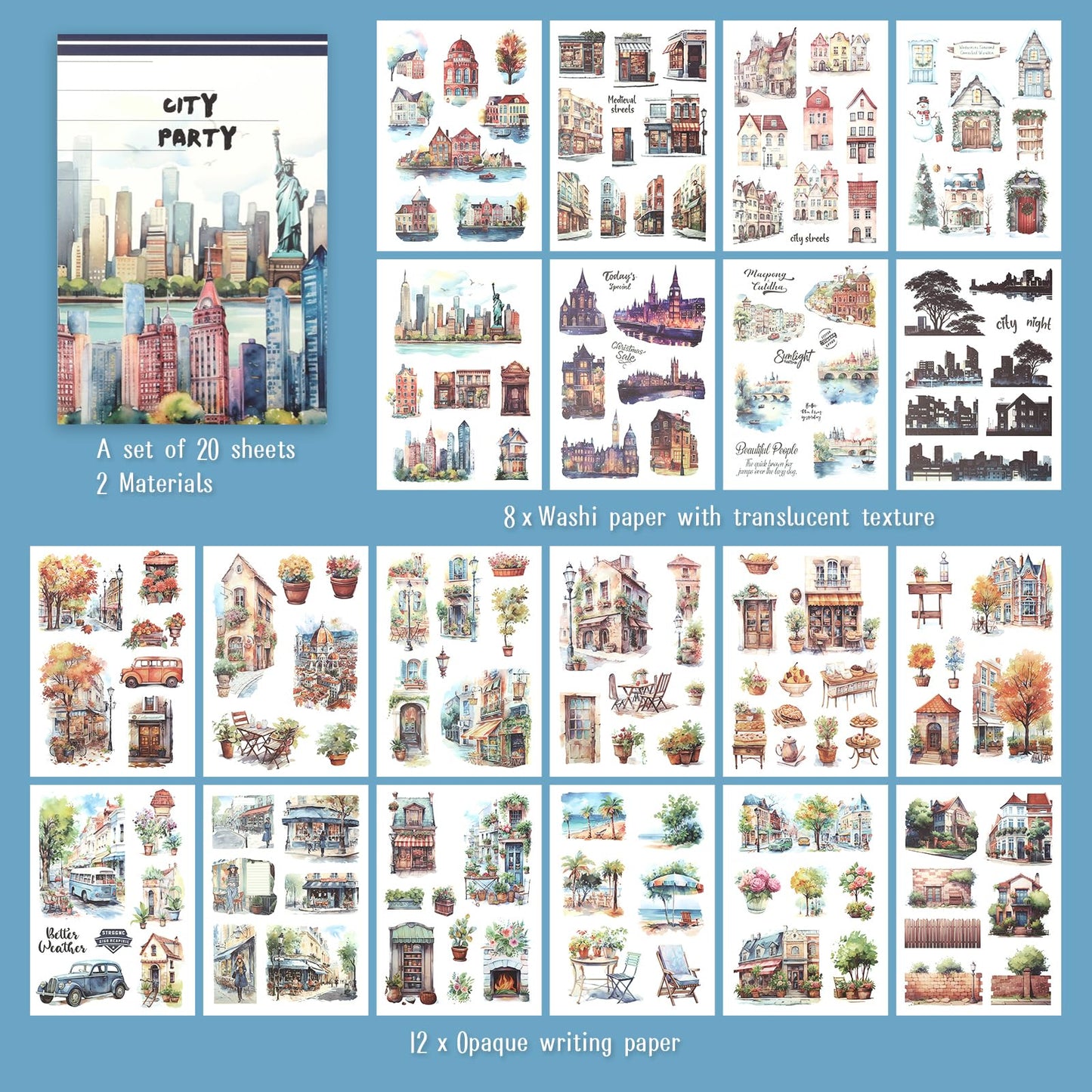 Dizdkizd Landscape and City Themed Scrapbook Journaling Stickers, 150 Die-Cut PET and Washi Paper Sticker Book for Junk Journaling, Collage, Craft Projects