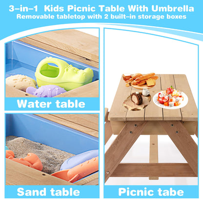 3 in 1 Outdoor Wooden Picnic Table with Umbrella, Convertible Sand Wate, Gray CPSIA Certification