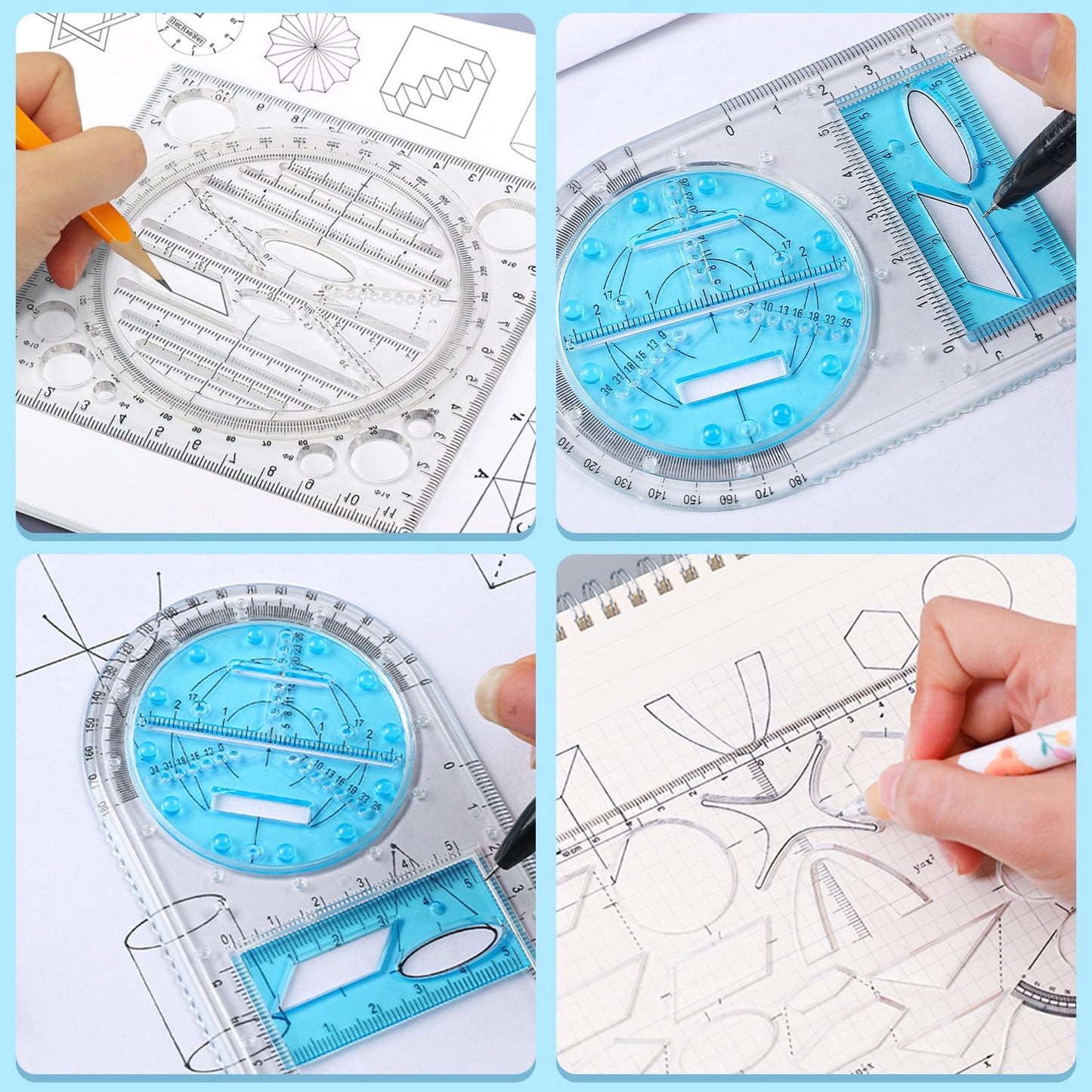4 Pack Multifunctional Geometric Ruler, Mathematics Measuring Tool Draft Rulers Set, Rotatable Circular Drawing Template Ruler for Student Studying Designing Office Supplies (4 Styles)