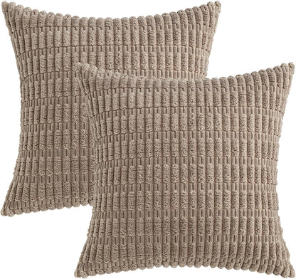 MIULEE Corduroy Decorative Throw Pillow Covers - Soft Boho Striped Design, 20x20 Inch, Light Brown | Modern Farmhouse Decor for Sofa & Couch