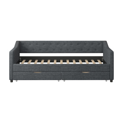 Ball & Cast Twin Size Daybed with Storage Drawers,Linen Upholstered Day Bed Frame with Button Tufted Back and Waved Shape Arms for Bedroom,Guest Room,No Box Spring Needed,Dark Grey