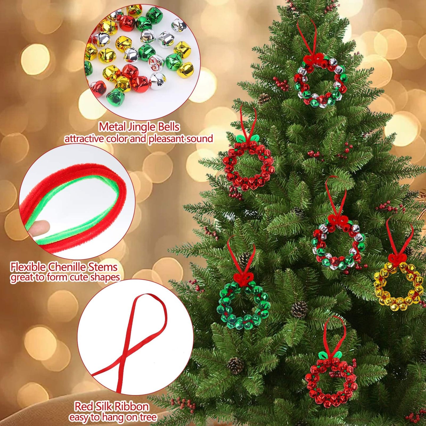 YBB 320Pcs Jingle Bell Wreath Ornaments Kit, 0.59inch Christmas Crisp Sound Bells for Craft with 20 Chenille Stems and Red Ribbon for Christmas Tree Party Decorations Kids DIY Crafts (Set of 10)