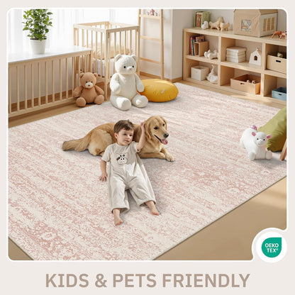 5x7 5'x7') Soalmost Pink Area Rugs for Baby Girl Nursery, Washable Rugs Vintage Floral Non-Slip Low Pile Soft Throw