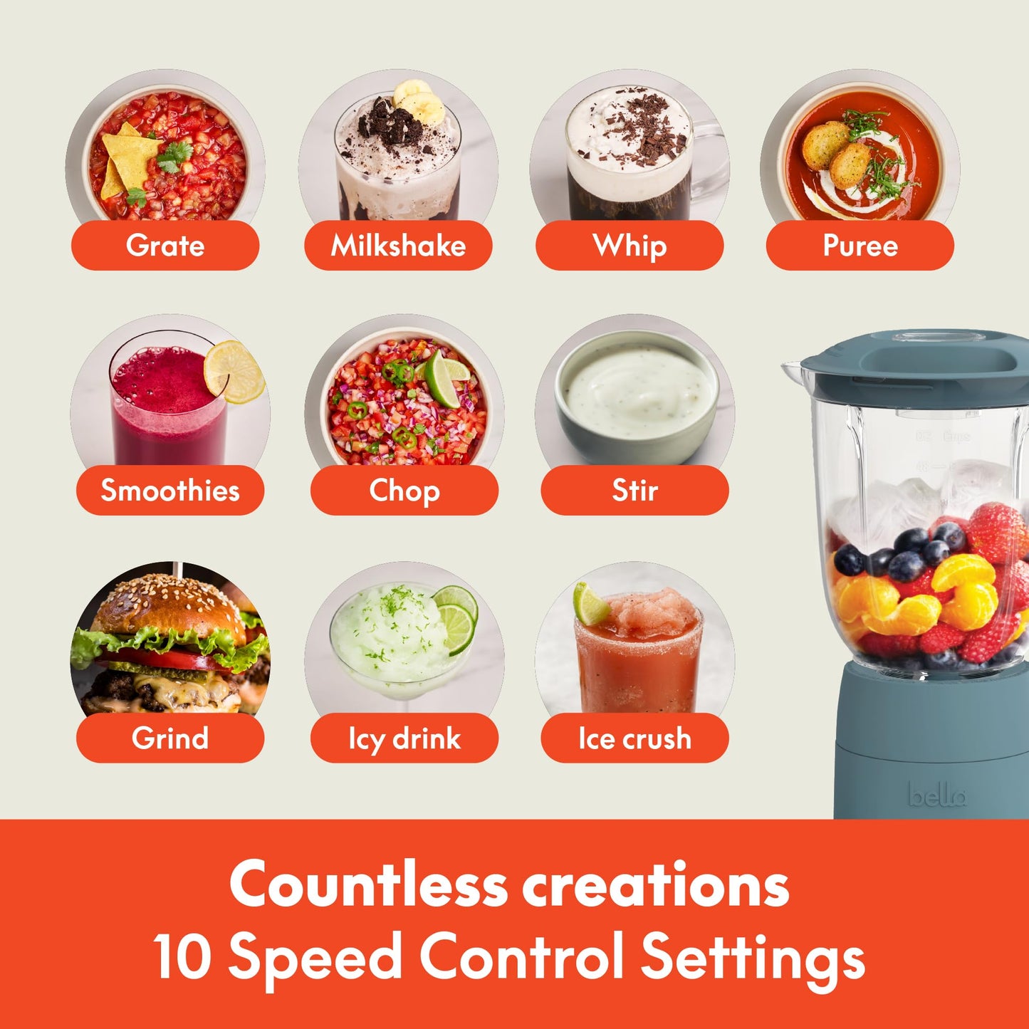 bella 10 Speed Countertop Blender, Juicer & Smoothie Maker, Fits-anywhere™ Kitchenware, Slim Flip & Store Design, Dishwasher Safe 48oz Capacity Pitcher & Lid, Stainless Steel Blade, 450 Watt, Oatmilk