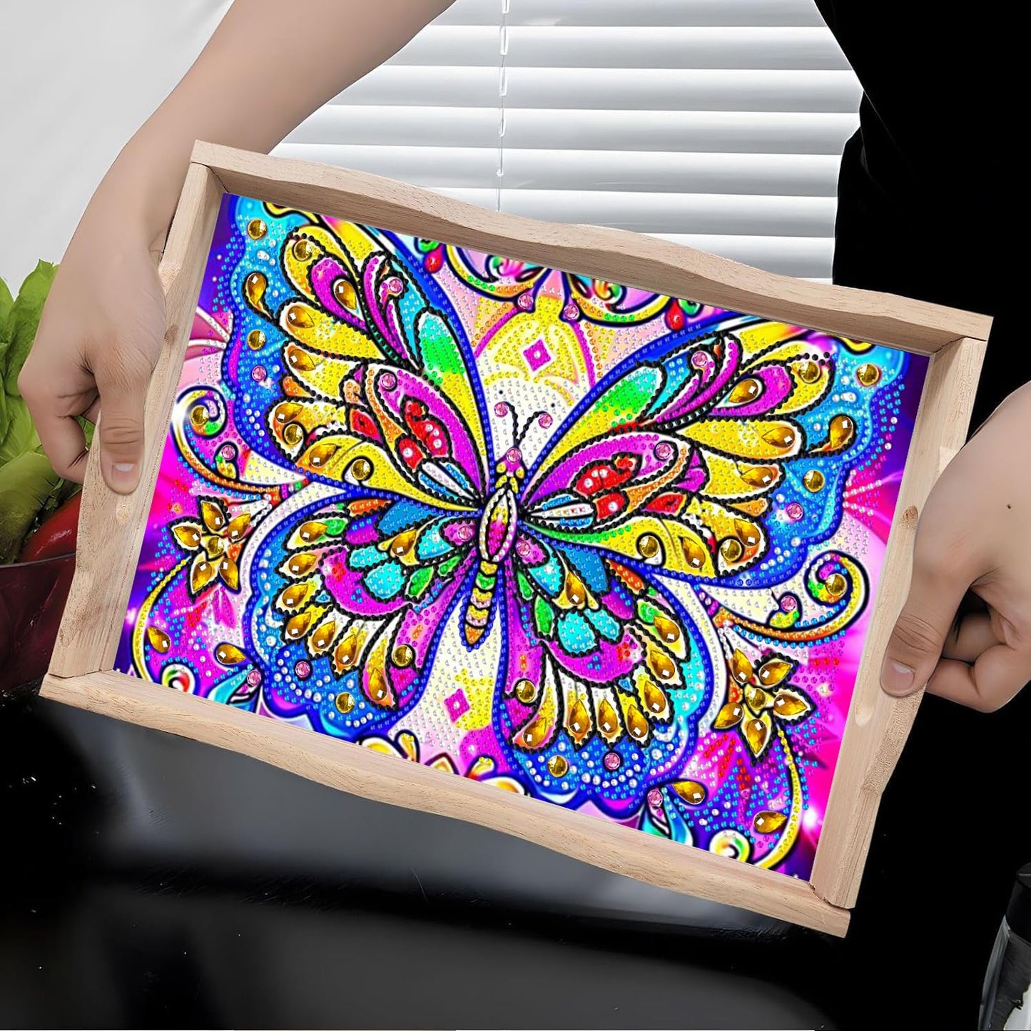 Leatrice Butterfly Diamond Art Kits for Adults Diamond Painting Serving Trays Wood Tray with Handle Big Gem Art DIY Crafts for Beginners Women in Party Kitchen Decor 7.8x11.8 Inches