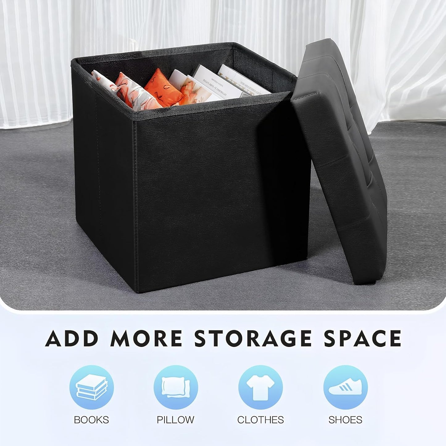 12.6"X12.6"X12.6" B FSOBEIIALEO Folding Storage Ottoman Cube Footrest Faux Leather for Living Room Seat Chest Black