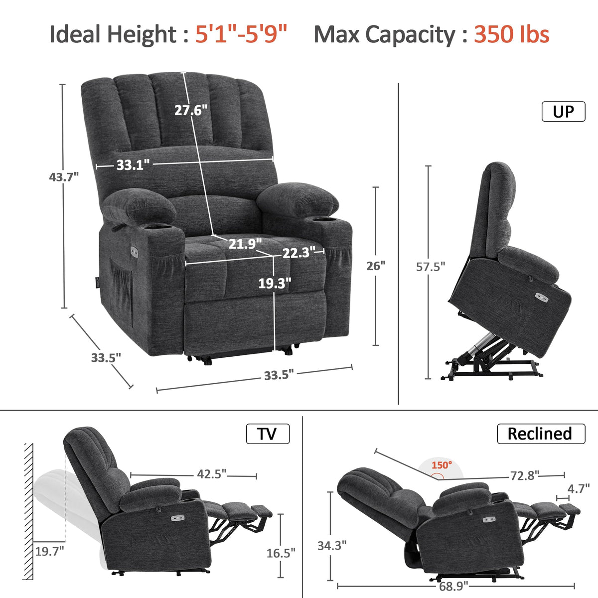 MCombo Power Lift Recliner Chair for Elderly, Lift Chair with Heat and Massage, USB &Type C Ports, Cup Holders, Fabric 7095 (Medium, Dark Grey)