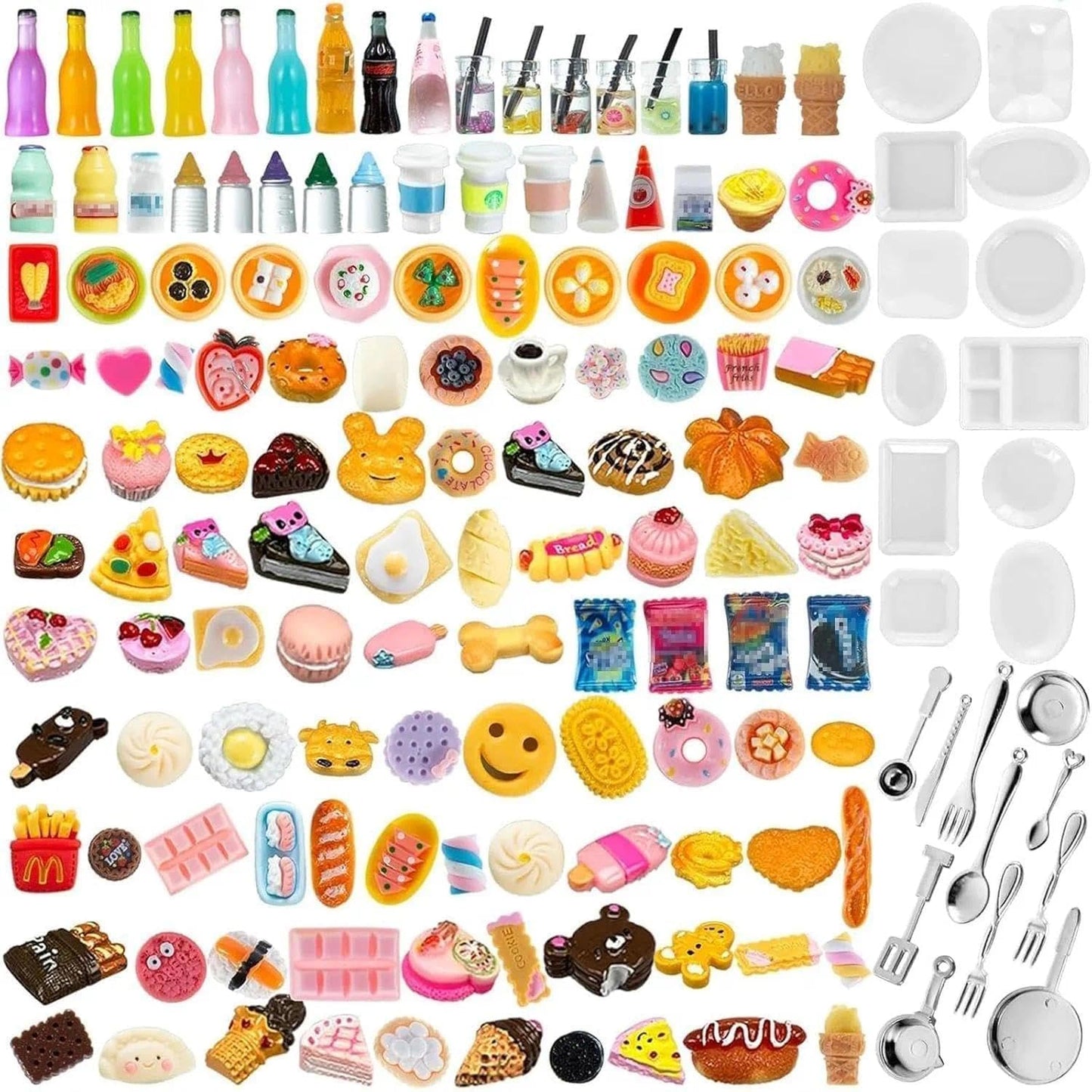 150 Pcs Miniature Food Drinks Bottle Toys Mixed for Dollhouse Kitchen Accessories Mini Play Fake Resin Pretend Game Party Tableware 1/12 Doll House Bread Cake Models Micro