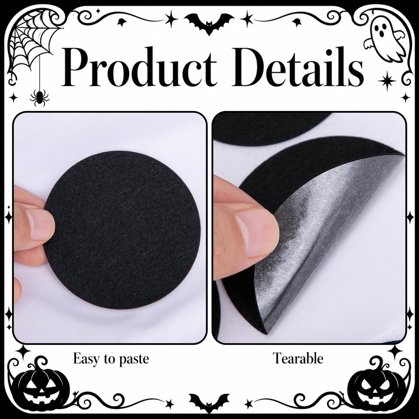 Iceyyyy 150 Pcs Halloween Felt Costume Stickers, Large Adhesive Circles and Strips for Clothes, Black Self Adhesive Felt Costume Accessiores for Crafts DIY Group Halloween Outfit