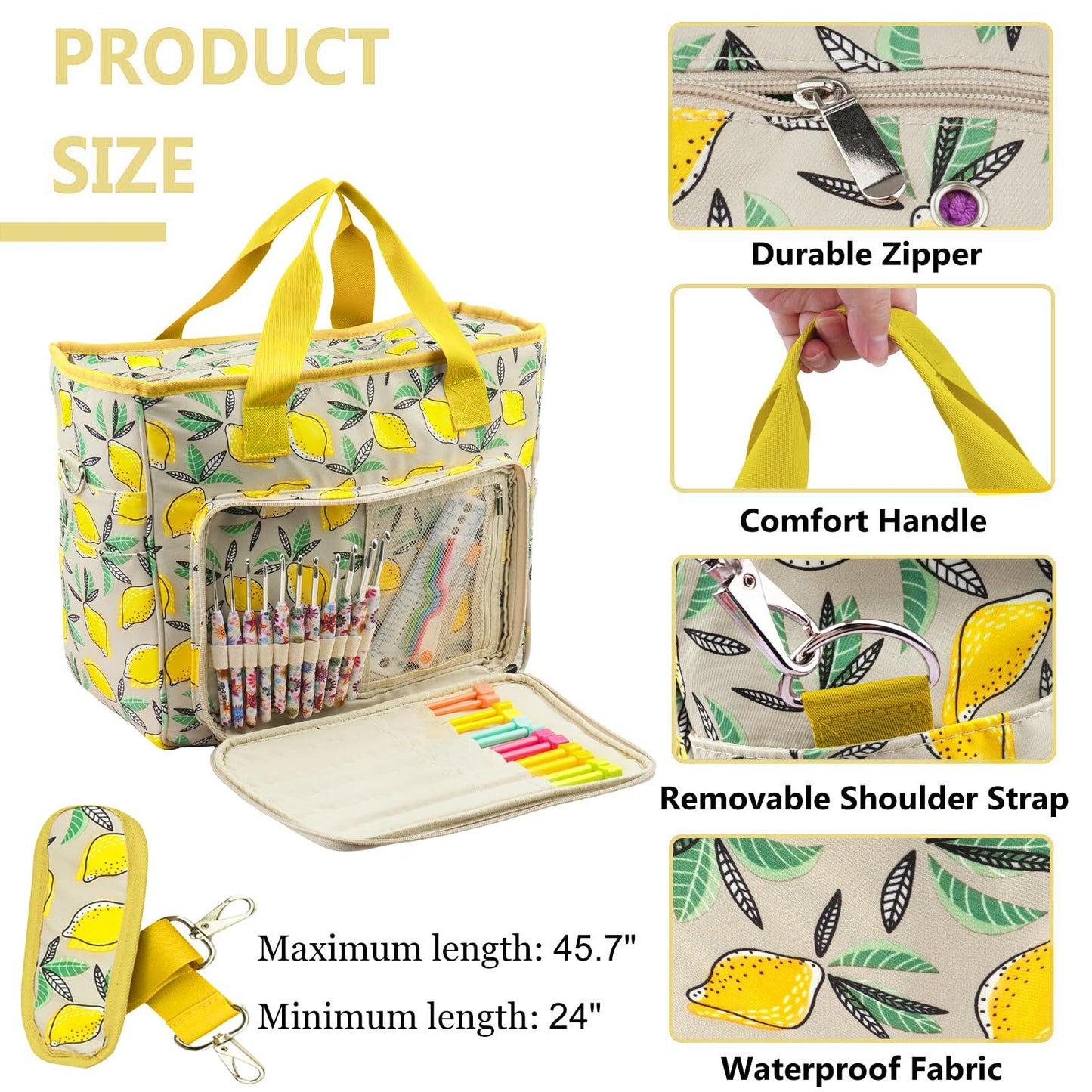 Mdoker Knitting Bags and Totes Organizers Large Crochet Bag Lightweight Yarn Bags for Travel Yarn Storage Organizers for Crochet Hooks,Yarn,Knitting & Crochet Supplies (Yellow Lemon)