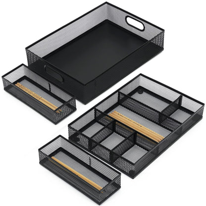 Neudeco Desk Drawer Organizer, 4 Pack Metal Mesh Drawer Organizer Set with Adjustable Dividers, Stackable Pen Organizer for Desk Drawer, Office Supplies Organizer, Black