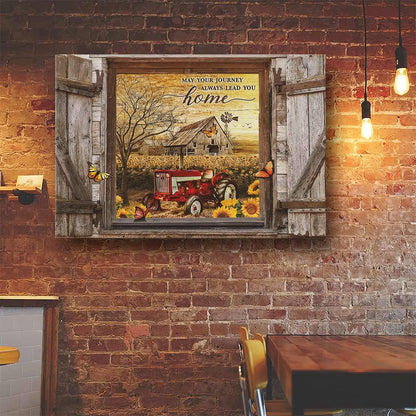 Farmhouse Canvas Wall Art Red Old Tractor Picture, Rustic Sunflowers Country Painting for Kitchen Decor