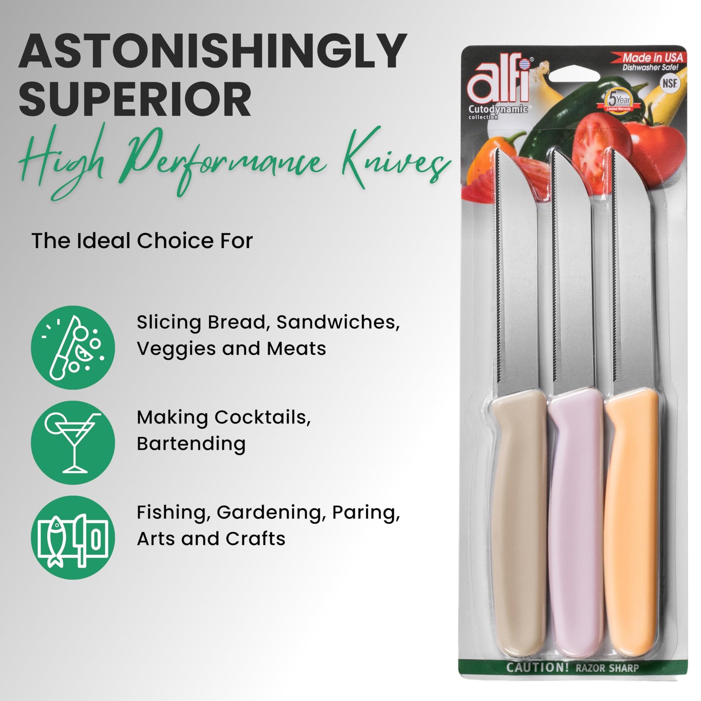 Alfi All-Purpose Knives Aerospace Precision Pointed Tip - Home And Kitchen Supplies - Serrated Steak Knives Set | Made in USA (Kiwi Green)