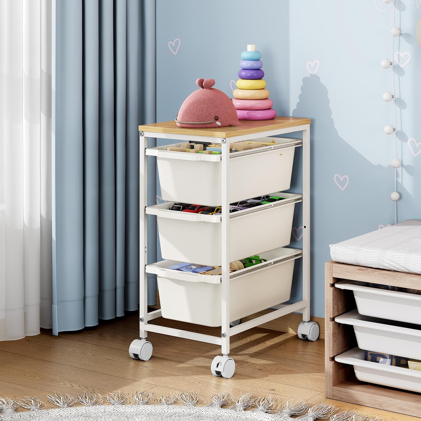 Rolling Storage Cart with 3 Drawers, Craft Organizer, Wooden Tabletop Utility Cart for Bedroom, Children's Room and Office Organization, Under Desk Trolley with Lockable Wheels,White