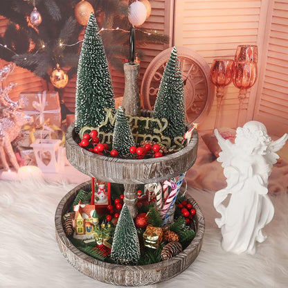 Skiennix Mini Christmas Tree - Small Pine Tabletop Decor with Wooden Base | Green - Set of 4