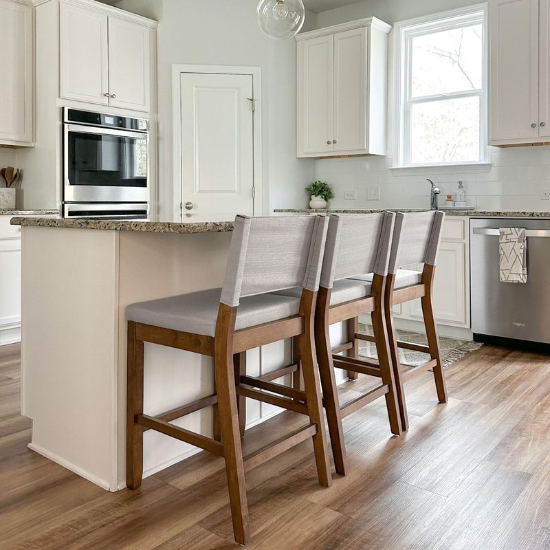 Nathan James Linus Modern Upholstered Counter Height Bar Stool with Back and Solid Rubberwood Legs in a Dark Brown Wood, Natural Light Grey/Brown