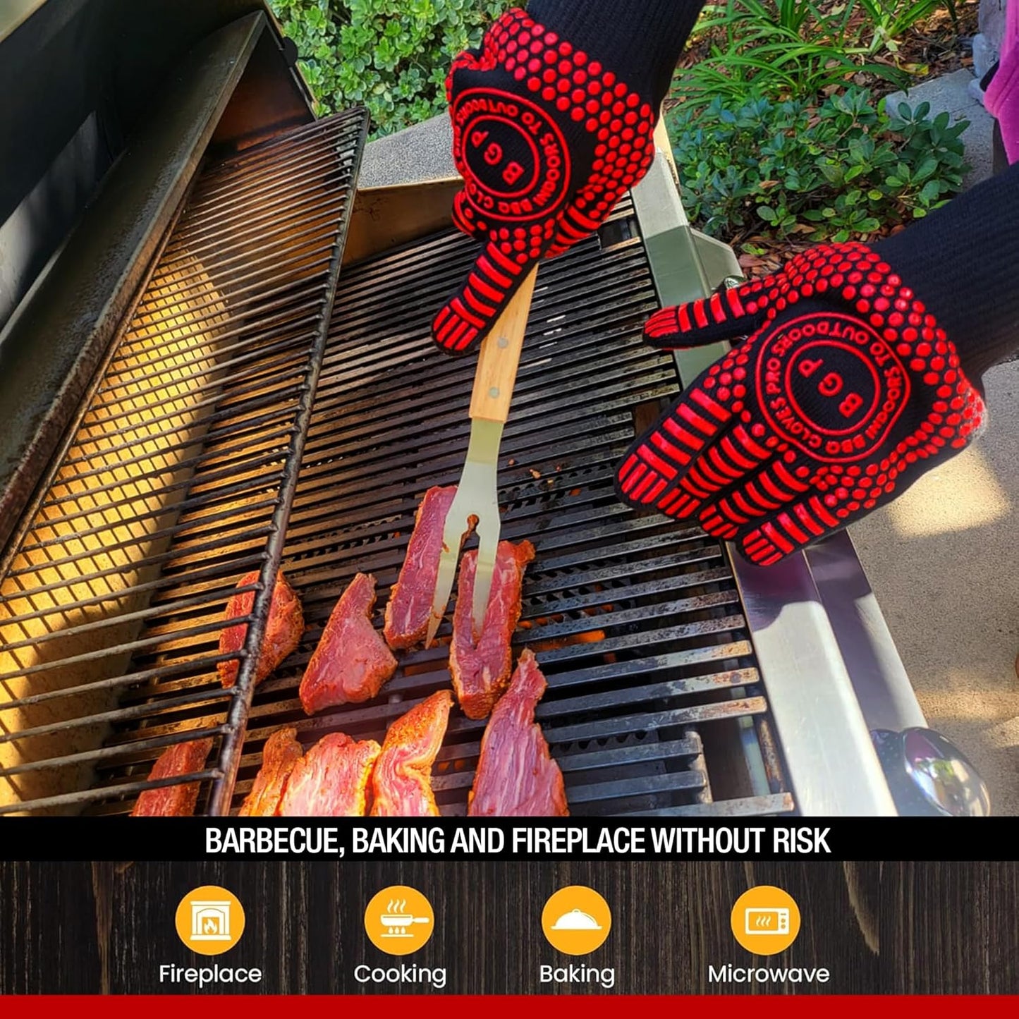 Red BBQ Gloves, 1472°F Heat Resistant, 13.4-Inch Non-Slip Silicone Kitchen Safety Gloves for Cooking and Grilling