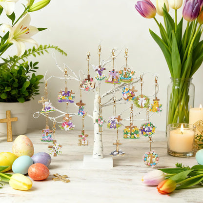 WILLBOND 30 Pcs Easter Diamond Art Keychain Kits He is Risen 5d DIY Double Sided Diamond Painting Keychain Religious Christian Cross Hanging Ornaments for Adults Beginners Key Ring Pendant Crafts
