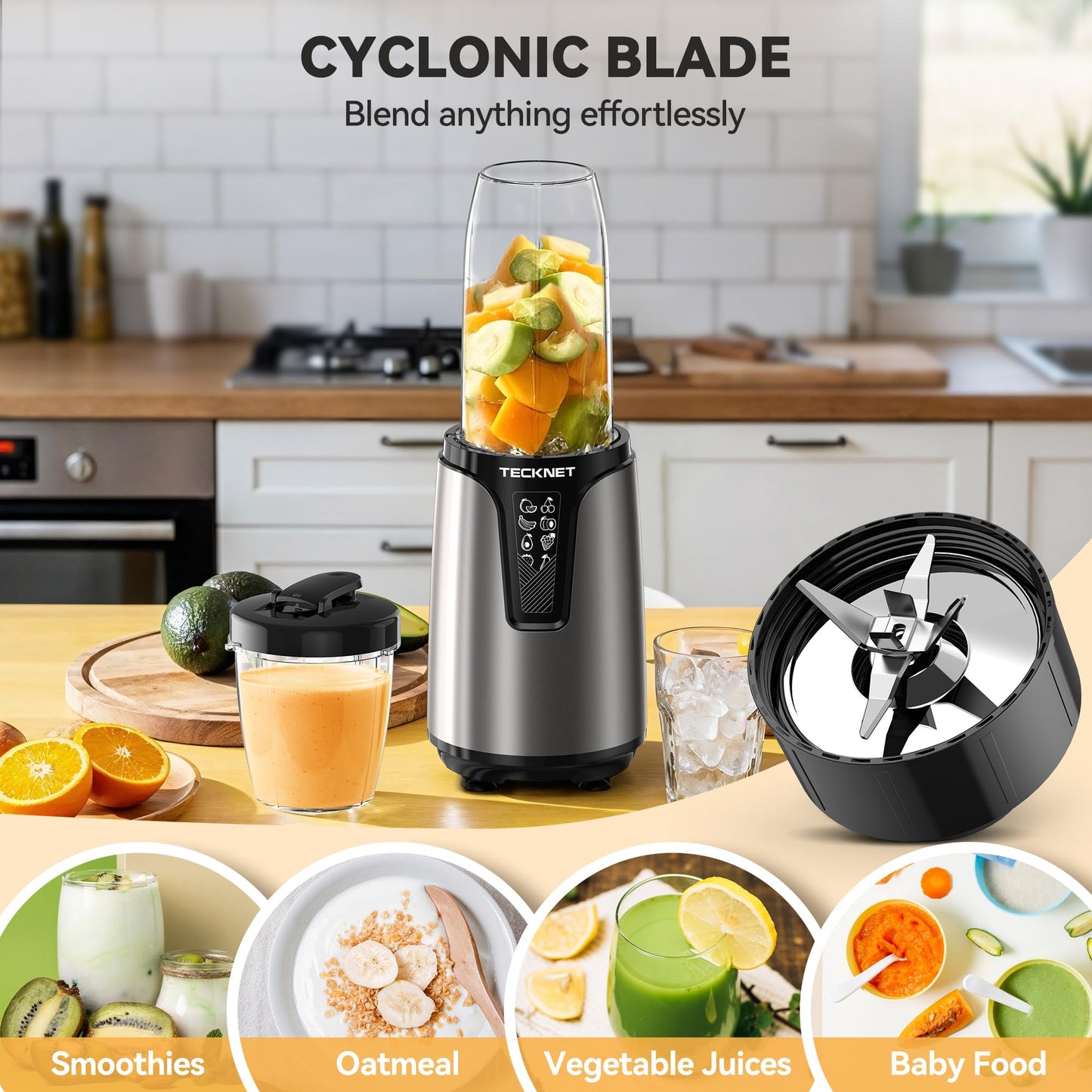 TECKNET 1000W Bullet Blender for Smoothies, Small Personal Nutri Blender for Protein Shakes and Smoothies, Coffee Mixer with 2 BPA-Free Cup, Portable Countertop Grinder Combo Kitchen Appliances