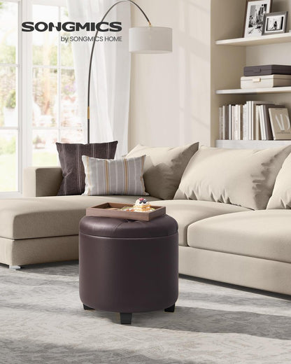 SONGMICS Round Ottoman, Ottoman with Storage, 17.7 x 17.7 x 17.5 Inches, Foot Rest with Legs, Synthetic Leather, Load up to 330 lb, for Living Room, Bedroom, Chestnut Brown ULOM014K01