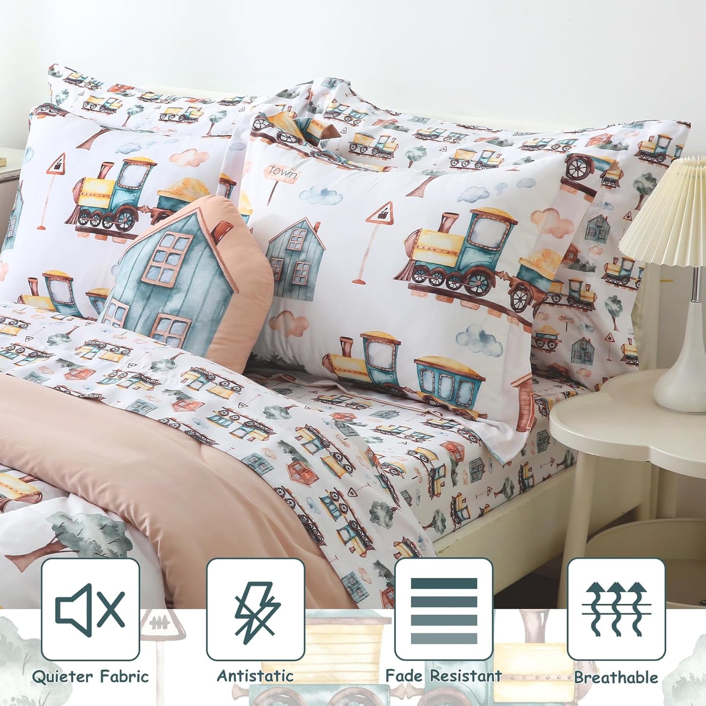 Sets 8 Set Country Set, Mooreeke Kids Full Comforter for Boys Pieces Train Bedding for Teens Microfiber Train Town Kids