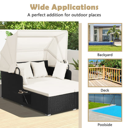 Tangkula Patio Rattan Daybed with Retractable Canopy, Outdoor Wicker Sunbed Lounger with 2 Foldable Side Tables, Thick Seat & Back Cushions, Double Daybed for Garden, Backyard, Porch (Off White)
