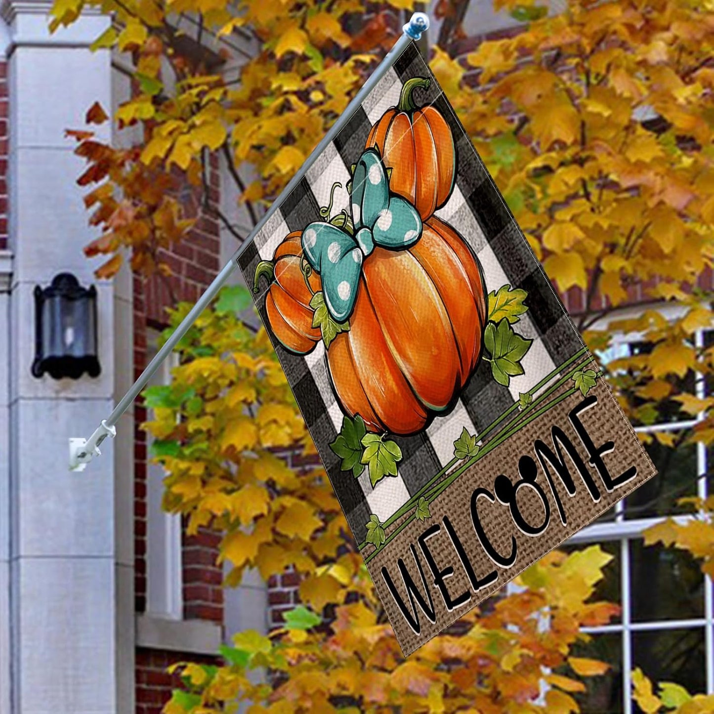 Welcome Fall Pumpkin Decorative House Flag, Autumn Thanksgiving Buffalo Plaid Check Garden Yard Decor