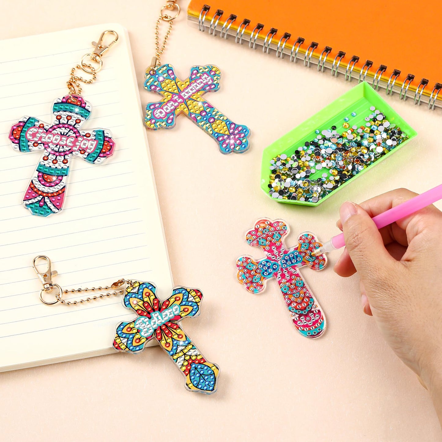 INCOK Cross Diamond Painting Keychains - 12PCS 5D Diamond Art Christian DIY Key Chain Kit DIY Key Ring Inspirational Gift Pendant for Beginner Adults Crafts Ornament