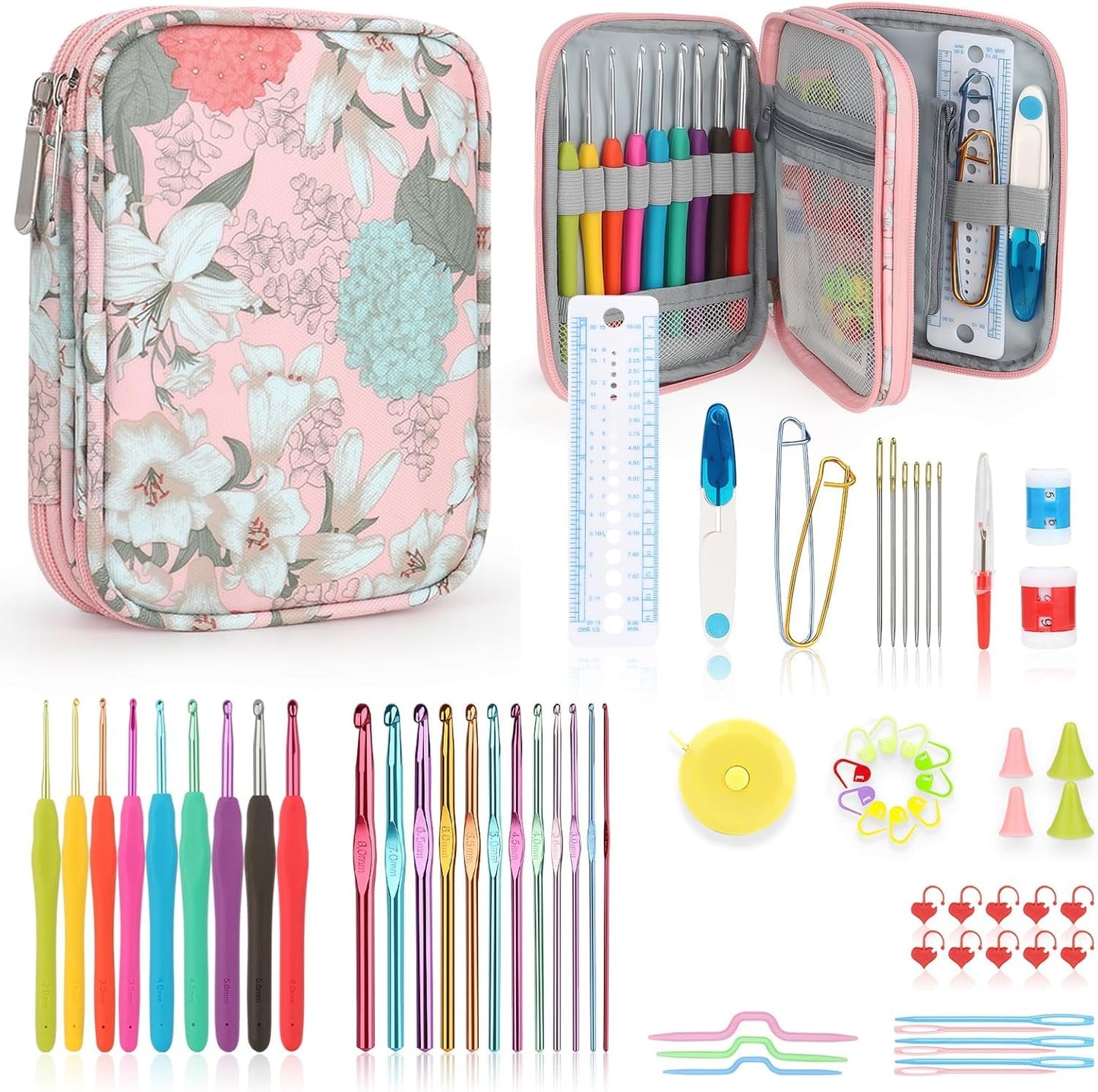 Katech Crochet Hooks Set with Case, 73-Piece Crochet Hooks Kit Knitting Accessories Ergonomic Aluminum Alloy Crochet Hook Colorful Crochet Needles for Making Socks, Gloves, Bag, Hat, Sweaters