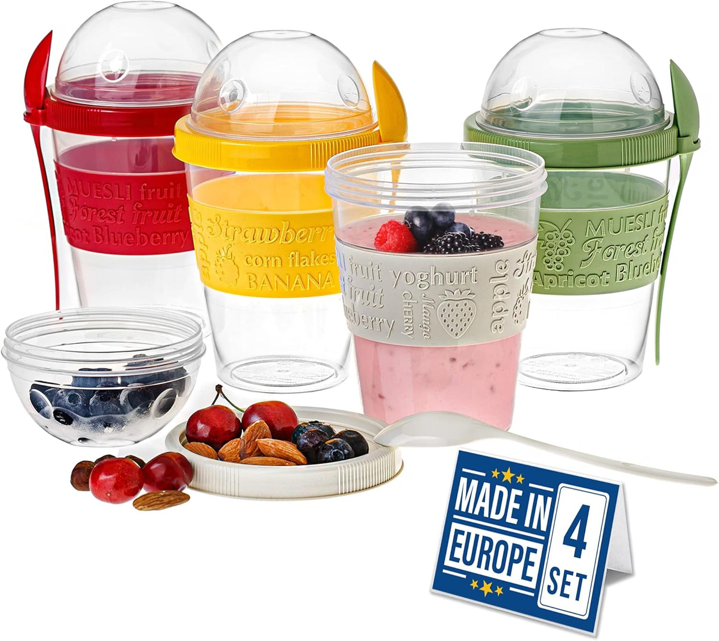 4 Pack 20 oz Set Crystalia On The Go Yogurt Parfait Cups with Lids & Spoons, BPA FREE Reusable Yogurt Containers, Take