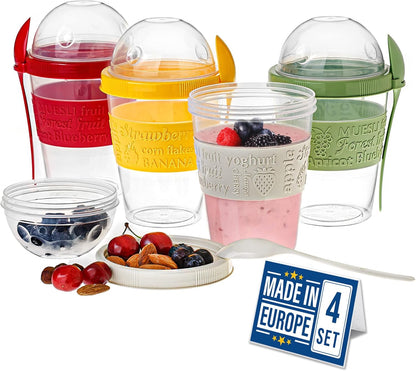 4 Pack 20 oz Set Crystalia On The Go Yogurt Parfait Cups with Lids & Spoons, BPA FREE Reusable Yogurt Containers, Take