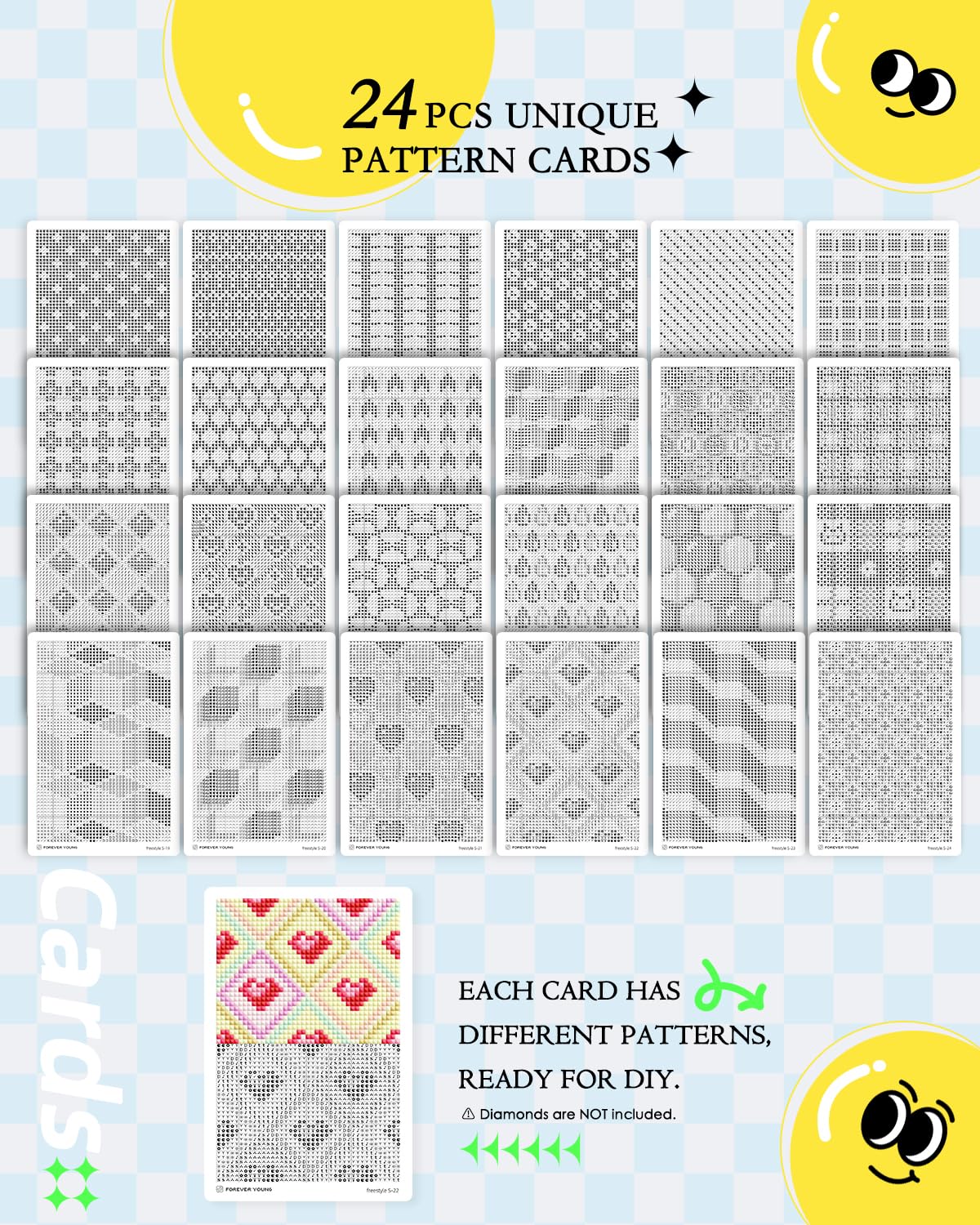 forever young 24 Designs Diamond Freestyle Cards for Beads, 5x7 Blank Diamond Art Cards with Glue for Square Dots for Adults, Postcard-Style Diamond Painting Accessories (No Drills)