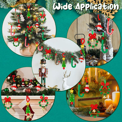 AWHETIE Christmas Crafts for Kids and Adults, 40 Sets Beaded Ornament Kit with 20 Wreaths with Bell, 5 Snowman, 5 Trees, 10 Candy Canes, Holiday Decorations